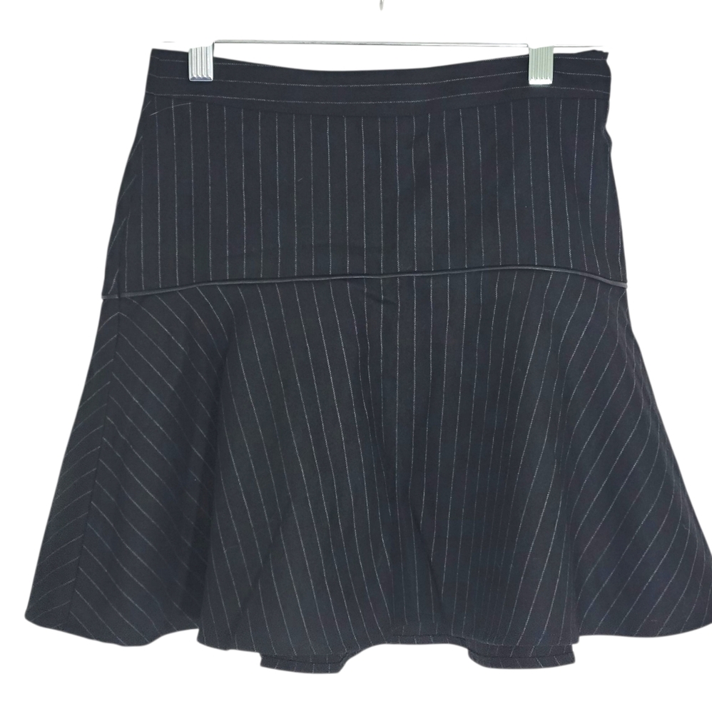 Club Monaco Black Pin Stripe w/Leather Accent Wool Blend Lined Flare Mini Skirt